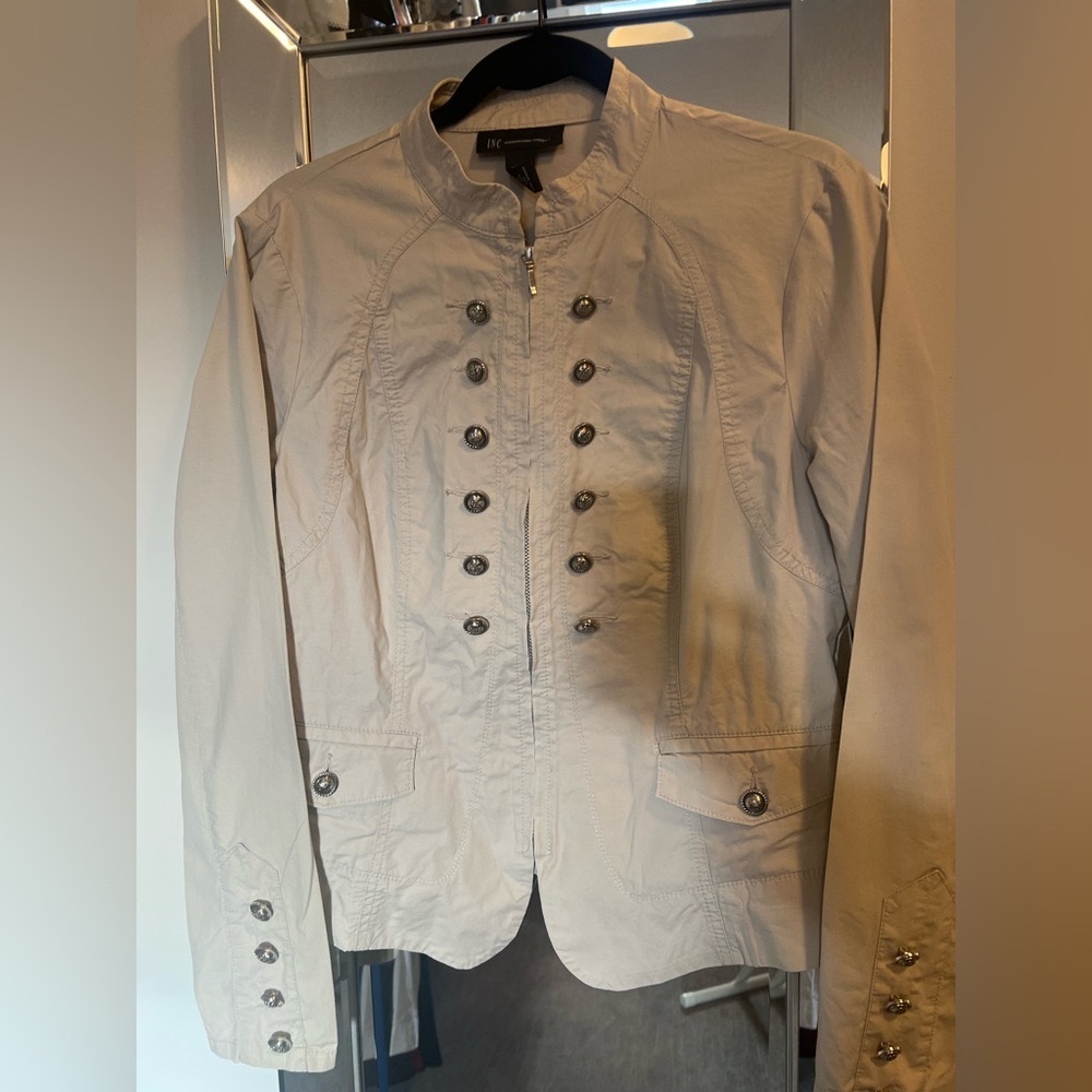 INC beige light zip up jacket with military style buttons